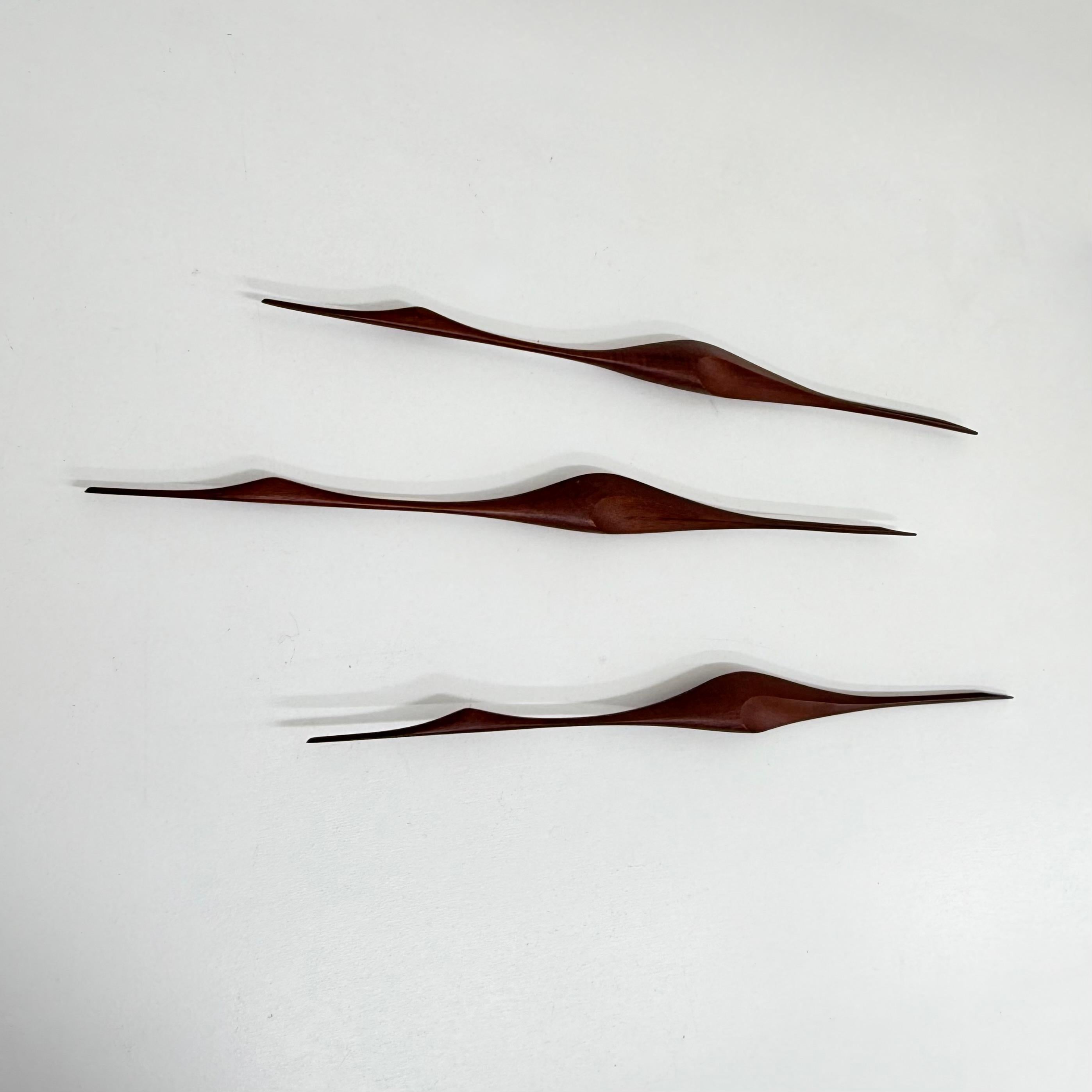 Ensemble de 3 sculptures murales d'oiseaux en bois de teck, design du milieu du siècle dernier, années 1970 8