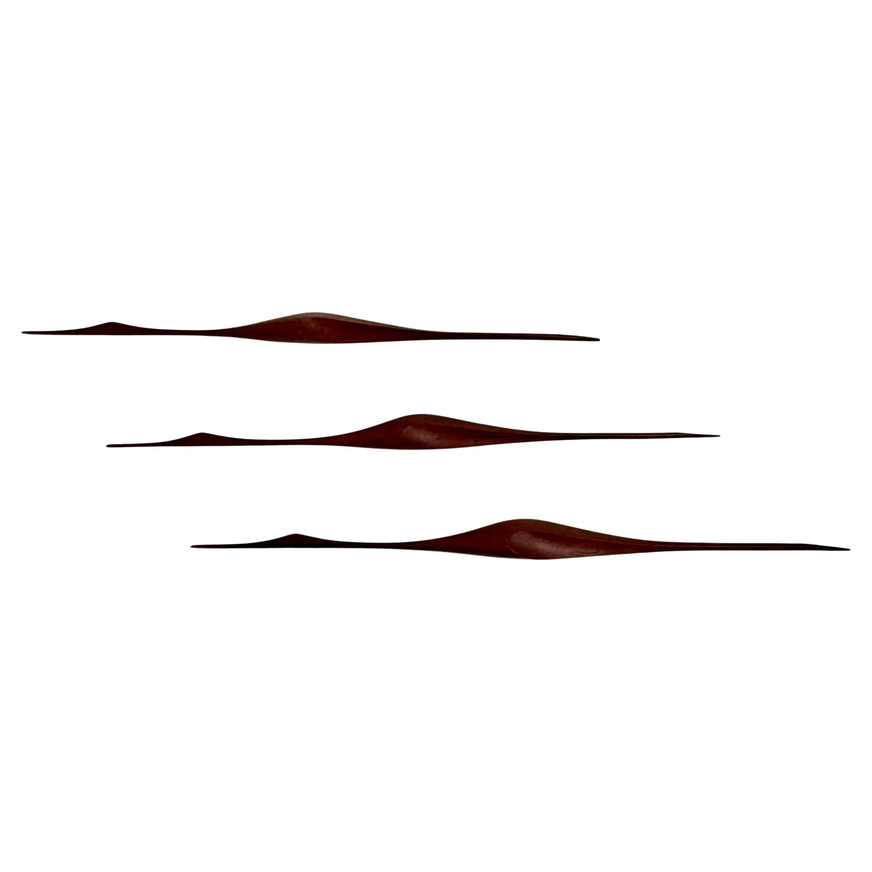 Ensemble de 3 sculptures murales d
oiseaux en bois de teck, design du milieu du siècle dernier, années 1970