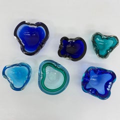 Mid century design set of 6 blue murano glass bowls, 1970’s