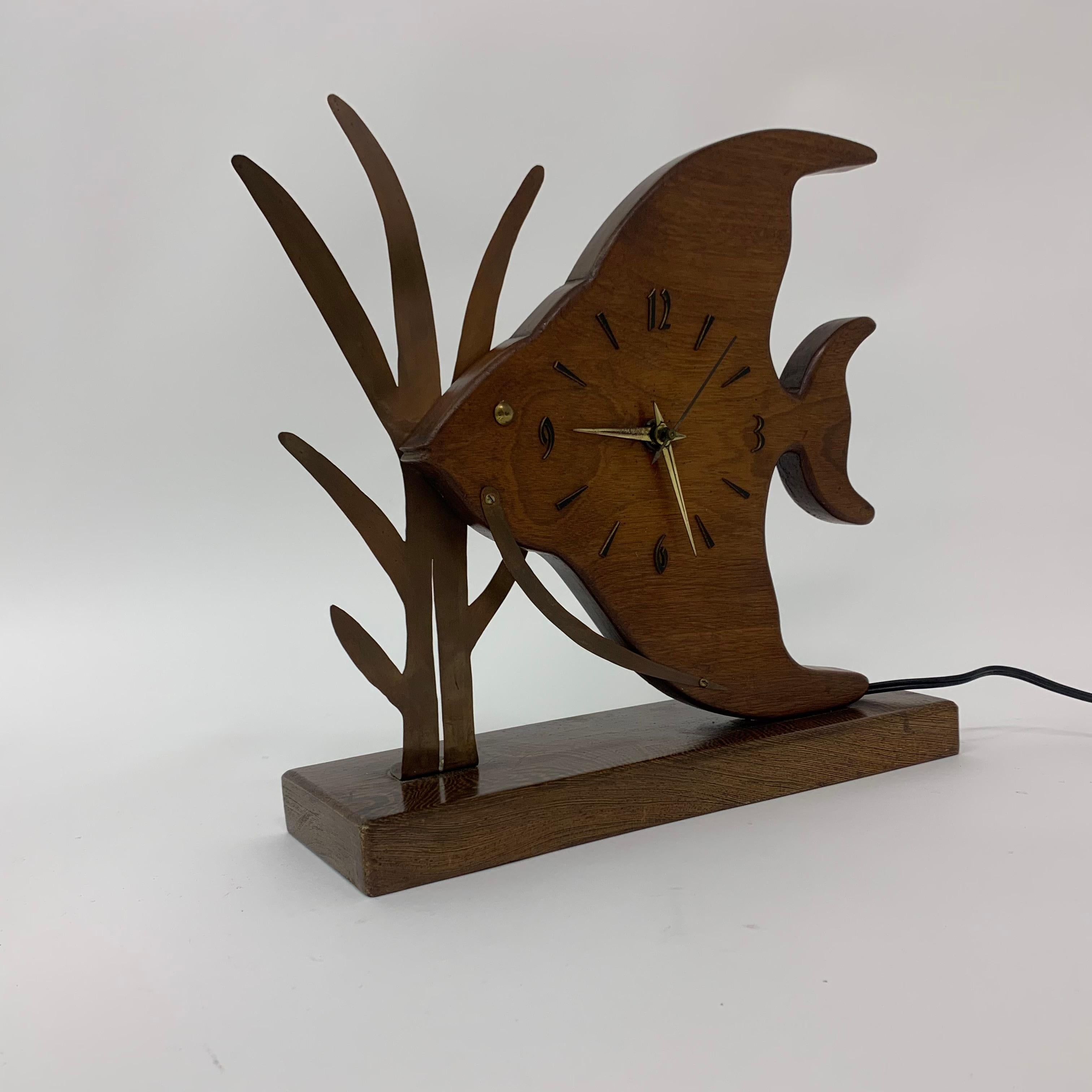 Mid-century design Teak wooden Fish Nufa clock , 1960’s 3