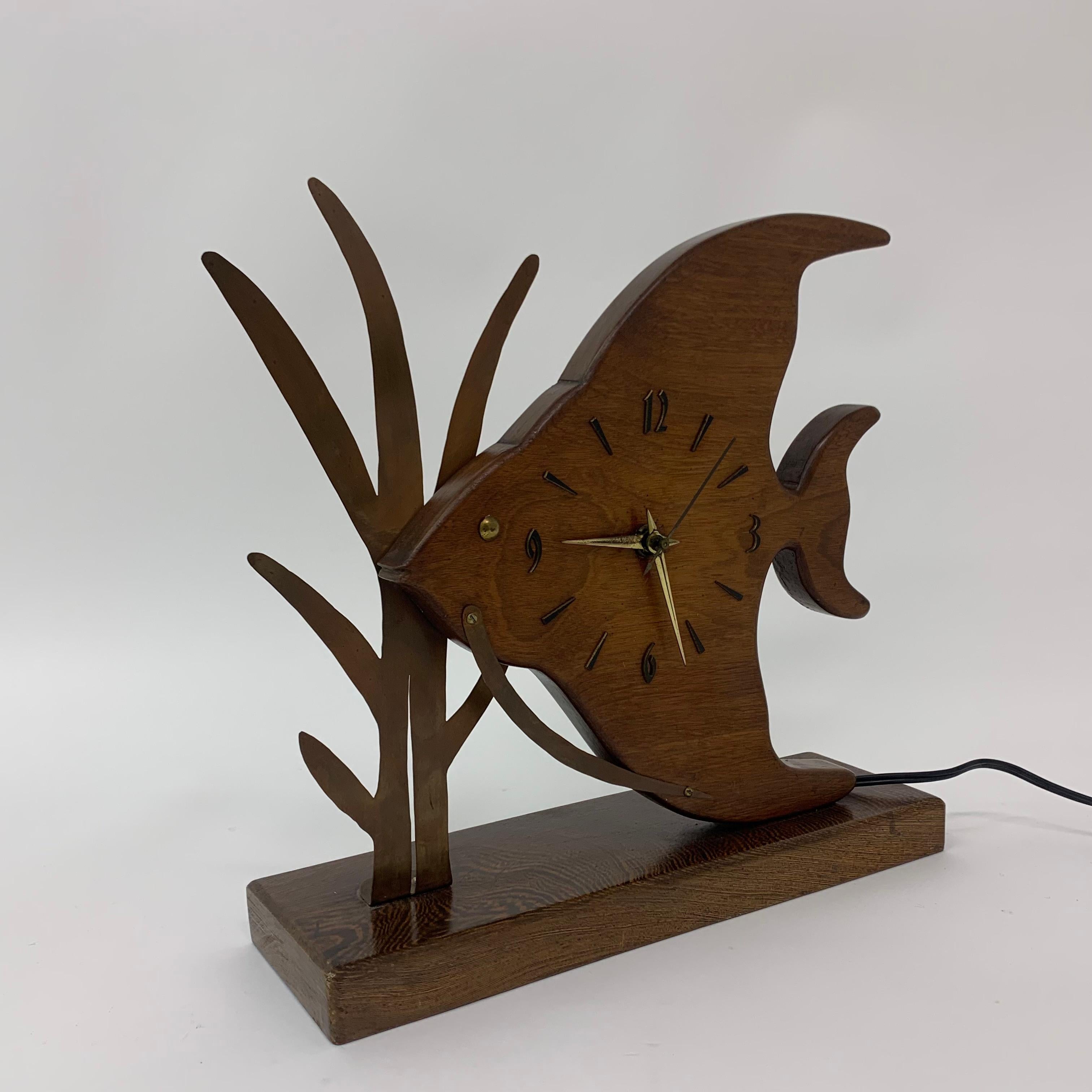 Mid-century design Teak wooden Fish Nufa clock , 1960’s 2