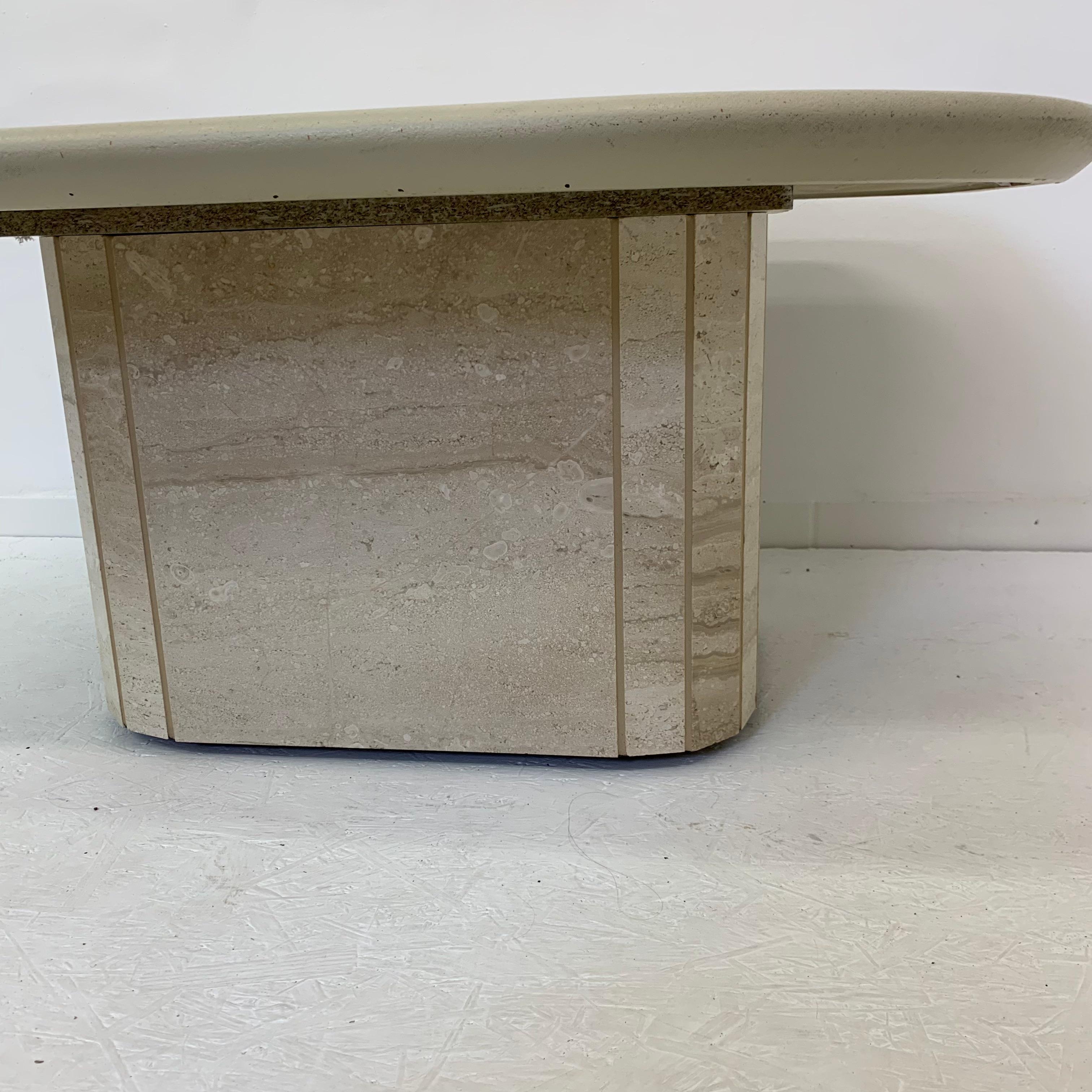 Material: Travertine, concrete , brass, wood, plastic

Dimensions: 80cm D, 103cm W, 47cm H

Condition: good

Period: 1970’s.