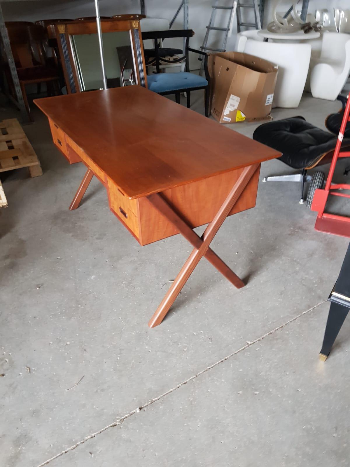 European Mid Century Design Wood Desk with four drawers