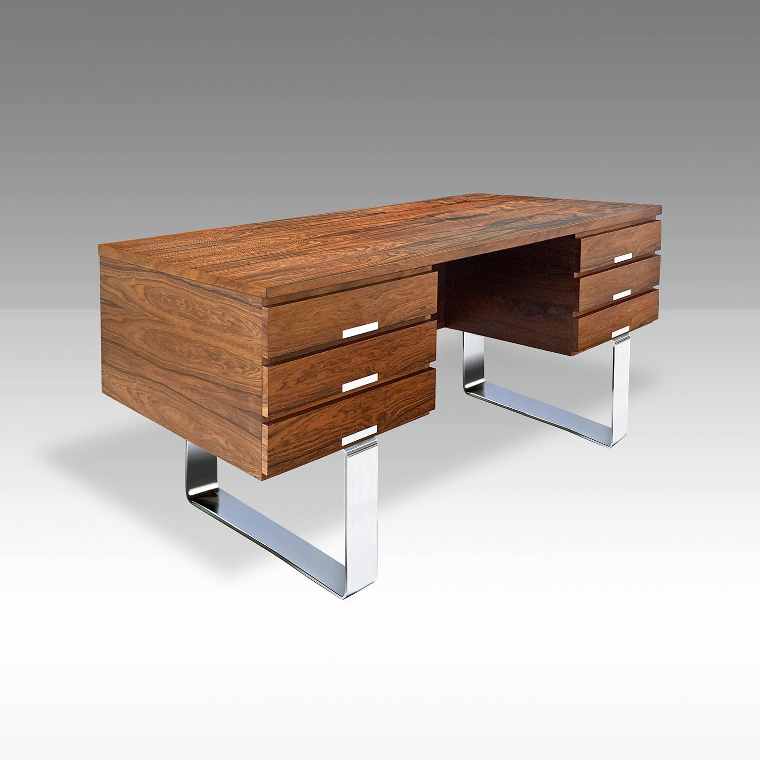 Mid-century desk with six drawers on one side and a bookshelf on the other. Rosewood veneer and bent metal feet, Germany, circa 1960