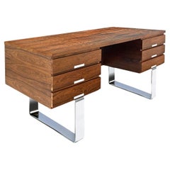 Mid-Century Desk With Drawers And Bookshelf, Rosewood Veneer, Plated Metal, 1960