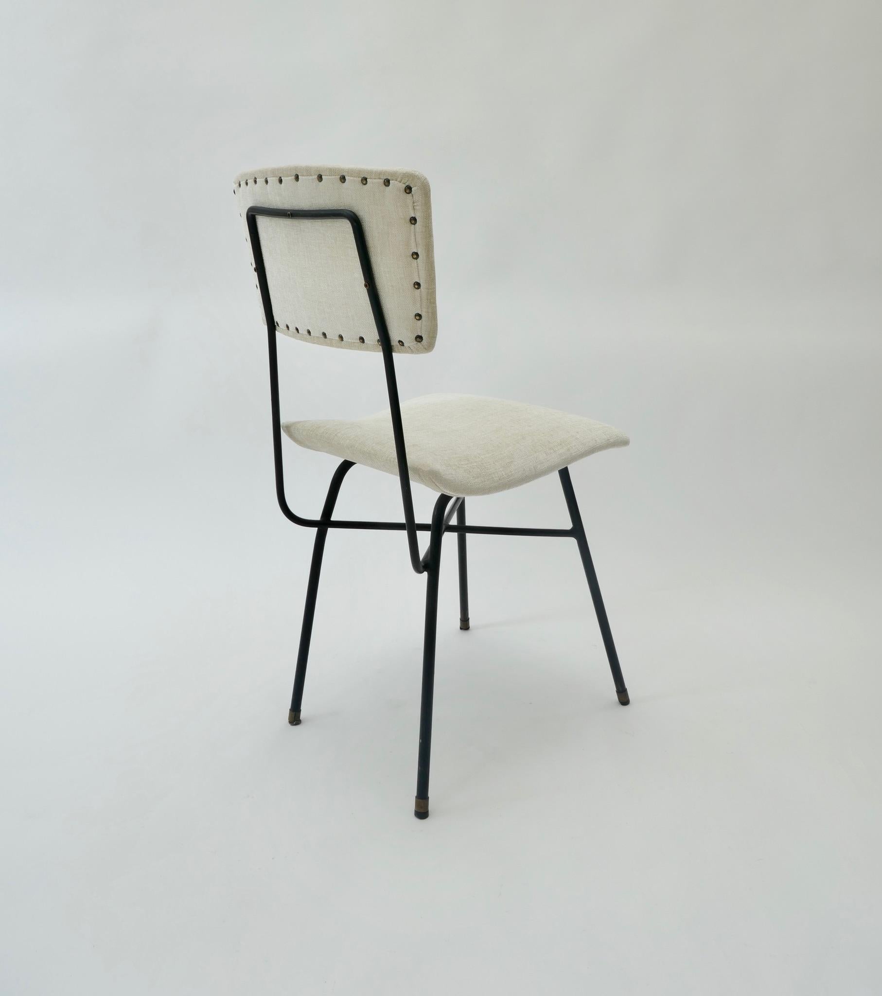 Midcentury Desk, Multicolored Top, Black Metal Legs and White Velvet Chair 1