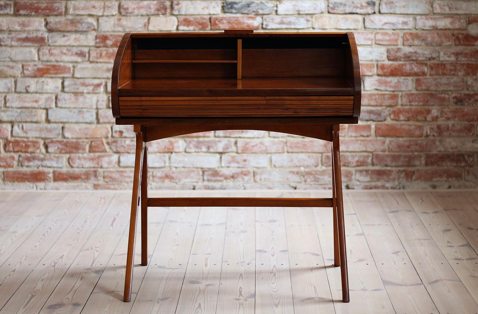Midcentury Desk with Roll-Top, Walnut Veneer, 1950s, Fully Restored 7