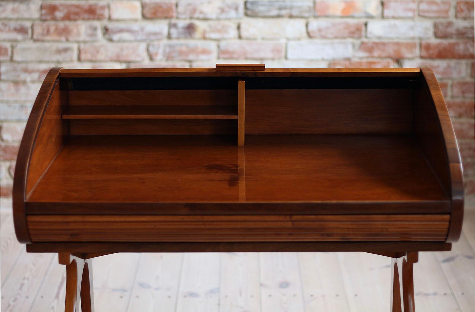 Midcentury Desk with Roll-Top, Walnut Veneer, 1950s, Fully Restored 8