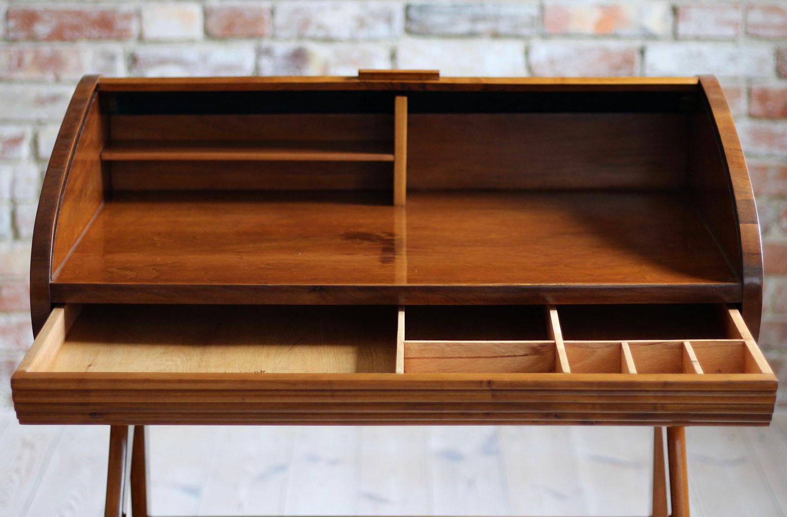 Midcentury Desk with Roll-Top, Walnut Veneer, 1950s, Fully Restored 9