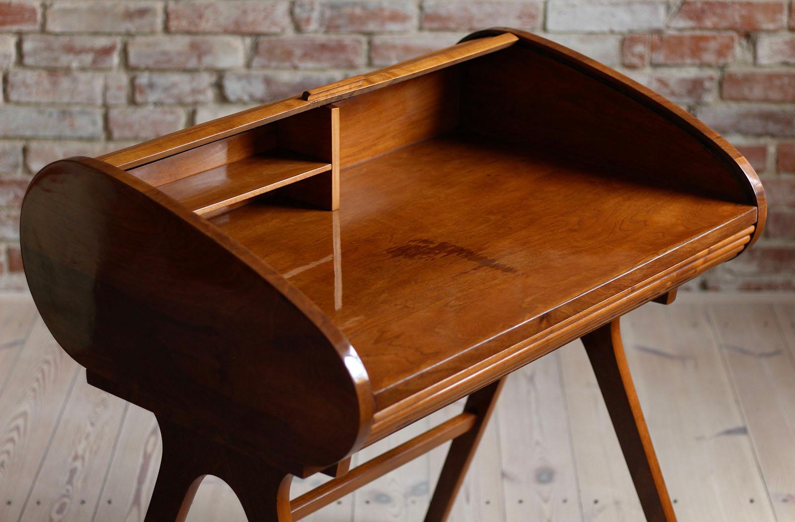 Midcentury Desk with Roll-Top, Walnut Veneer, 1950s, Fully Restored 10