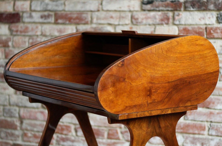 Midcentury Desk with RollTop, Walnut Veneer, 1950s, Fully Restored For