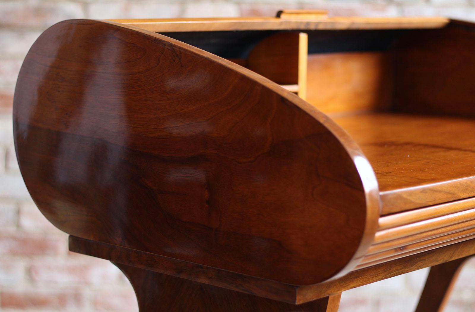 Midcentury Desk with Roll-Top, Walnut Veneer, 1950s, Fully Restored 13