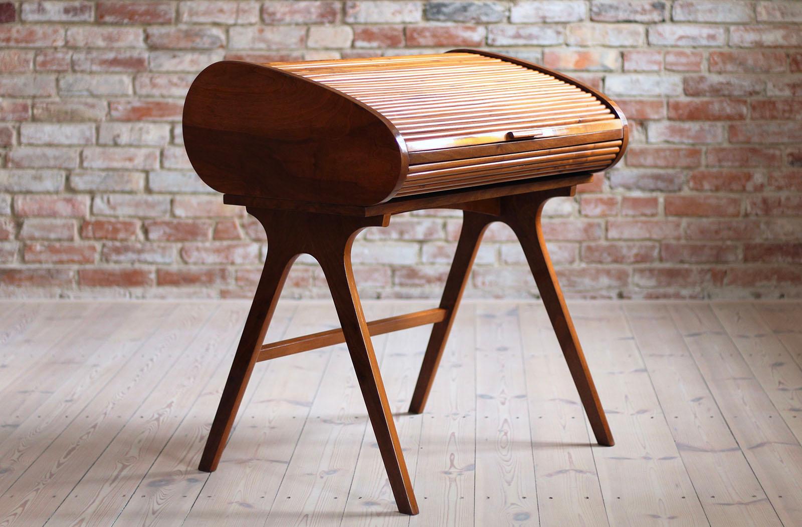 Mid-20th Century Midcentury Desk with Roll-Top, Walnut Veneer, 1950s, Fully Restored