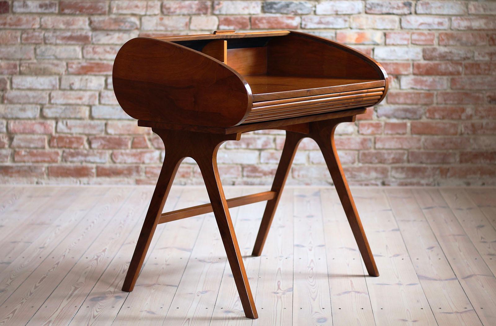 Midcentury Desk with Roll-Top, Walnut Veneer, 1950s, Fully Restored 1