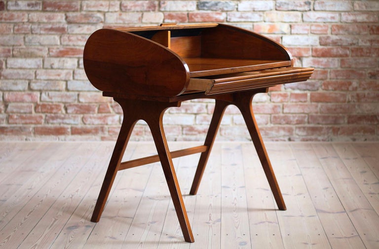 Midcentury Desk with RollTop, Walnut Veneer, 1950s, Fully Restored For