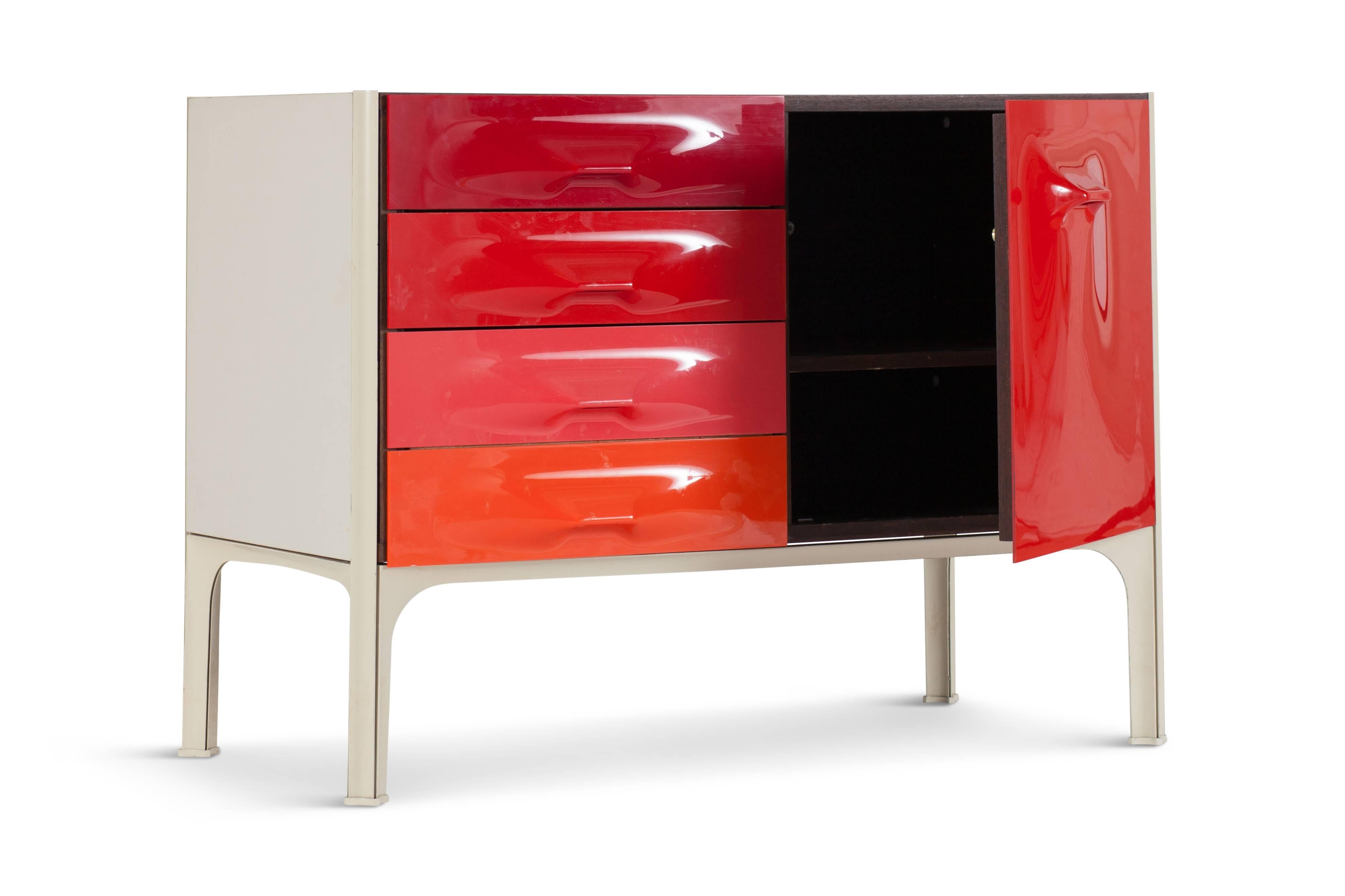 Colourful midcentury sideboard by Raymond Loewy for Doubinsky Frères, France, 1970s


The Cabinet is provided with three drawers: two singel, one double and shelving. The handles are organically shaped, with a smooth transition to the rest of the