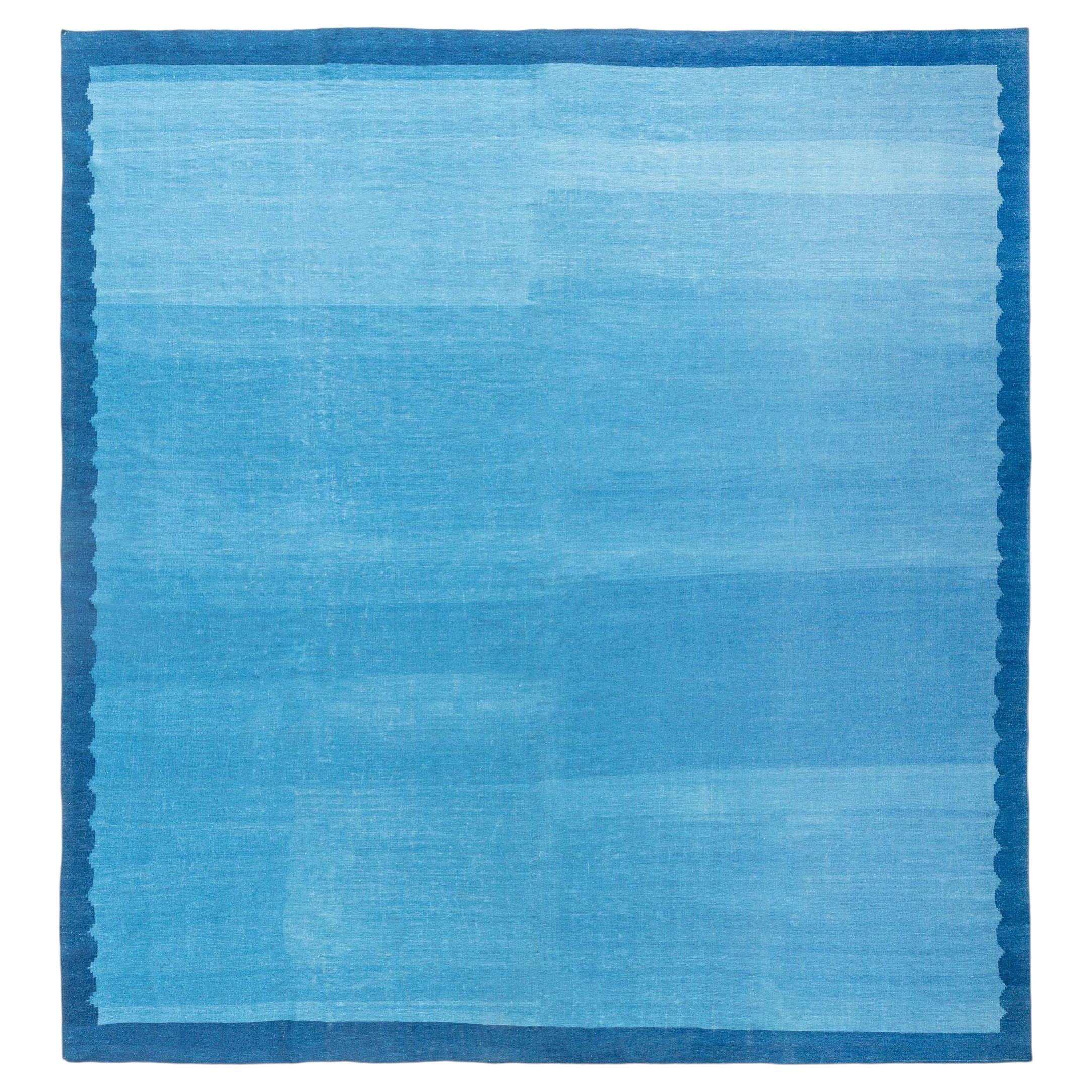 Mid-Century Dhurrie Abstract Blue With Navy Blue Flatweave Cotton Rug