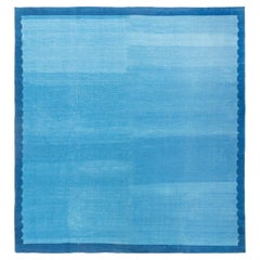 Mid-Century Dhurrie Abstract Blue With Navy Blue Flatweave Cotton Rug