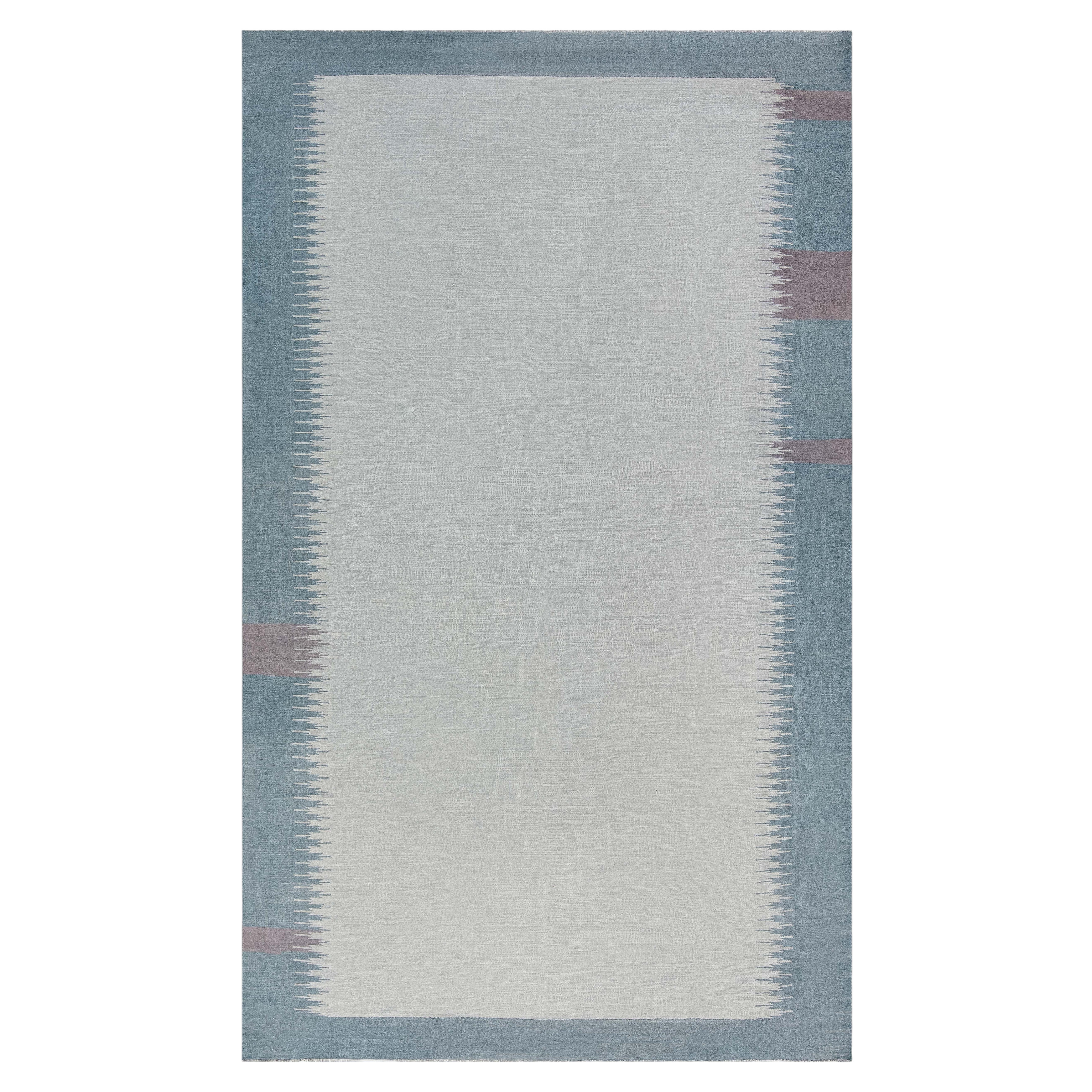 Blue Wavy Pattern Rug Mid-Century Dhurrie Abstract Gray/Blue Flatweave Cotton Rug by Doris ...