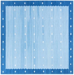Mid-Century Dhurrie Blue With Navy Blue Flatweave Cotton Carpet