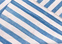 Mid-Century Dhurrie Striped White And Blue Flatweave Cotton Rug