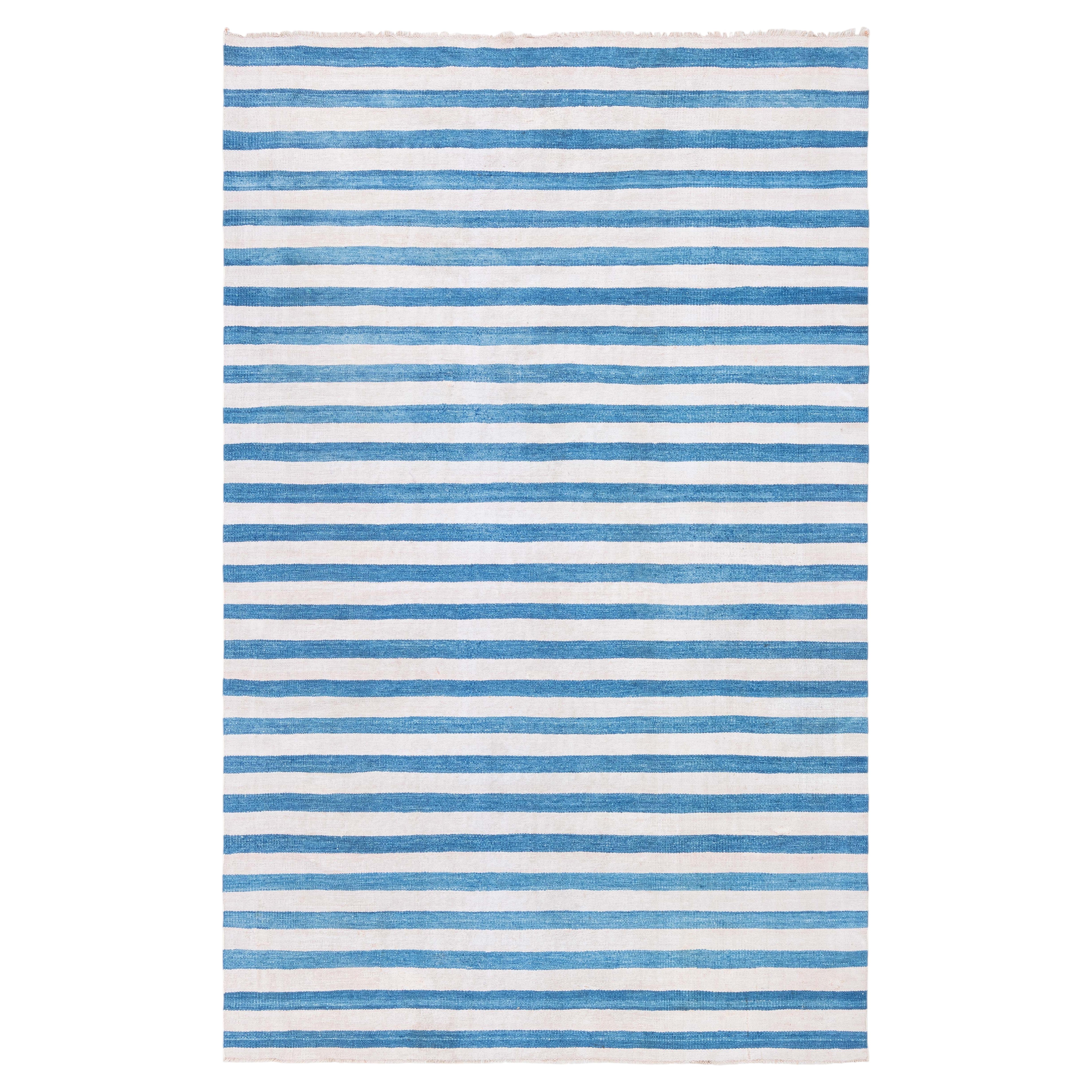 Mid-Century Dhurrie Striped White And Blue Flatweave Cotton Rug For Sale