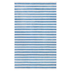 Mid-Century Dhurrie Striped White And Blue Flatweave Cotton Rug