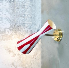 Mid-Century Diabolo Trumpet Wall Lamp Red White Print on Brass, 1960s, Italy
