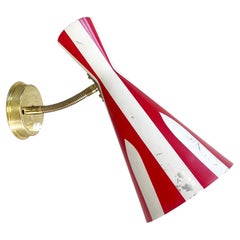 Mid-Century Diabolo Trumpet Wall Lamp Red White Print on Brass, 1960s, Italy