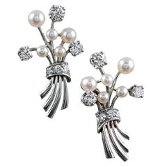 Midcentury Diamond and Pearl Bouquet Earrings, Signed Raymond Yard