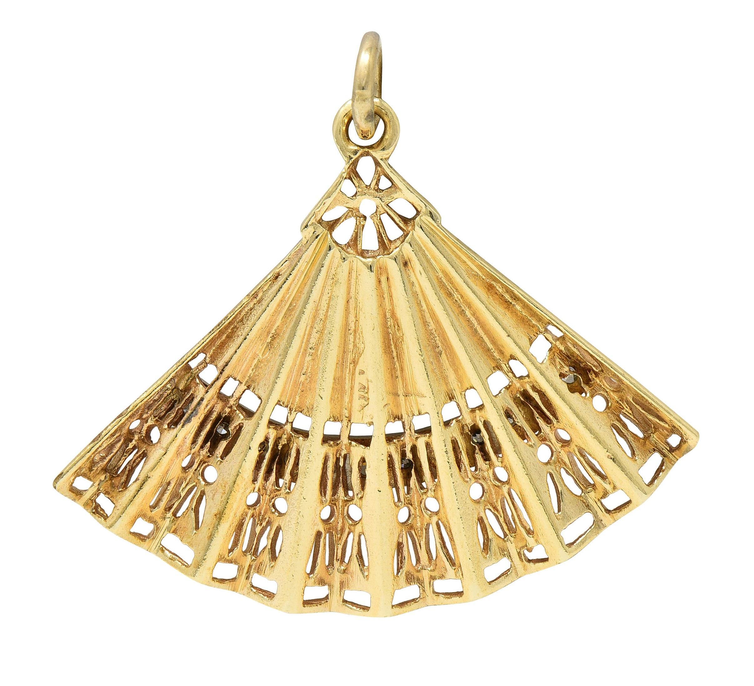 Single Cut Mid-Century Diamond 14 Karat Two-Tone Gold Vintage Hand Fan Pendant