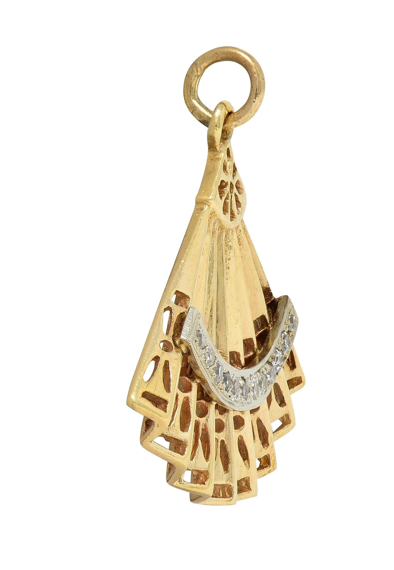 Mid-Century Diamond 14 Karat Two-Tone Gold Vintage Hand Fan Pendant In Excellent Condition In Philadelphia, PA