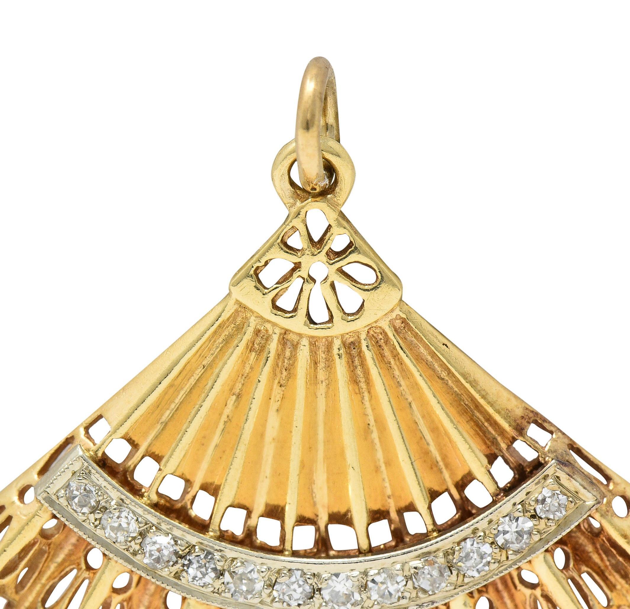 Mid-Century Diamond 14 Karat Two-Tone Gold Vintage Hand Fan Pendant 1