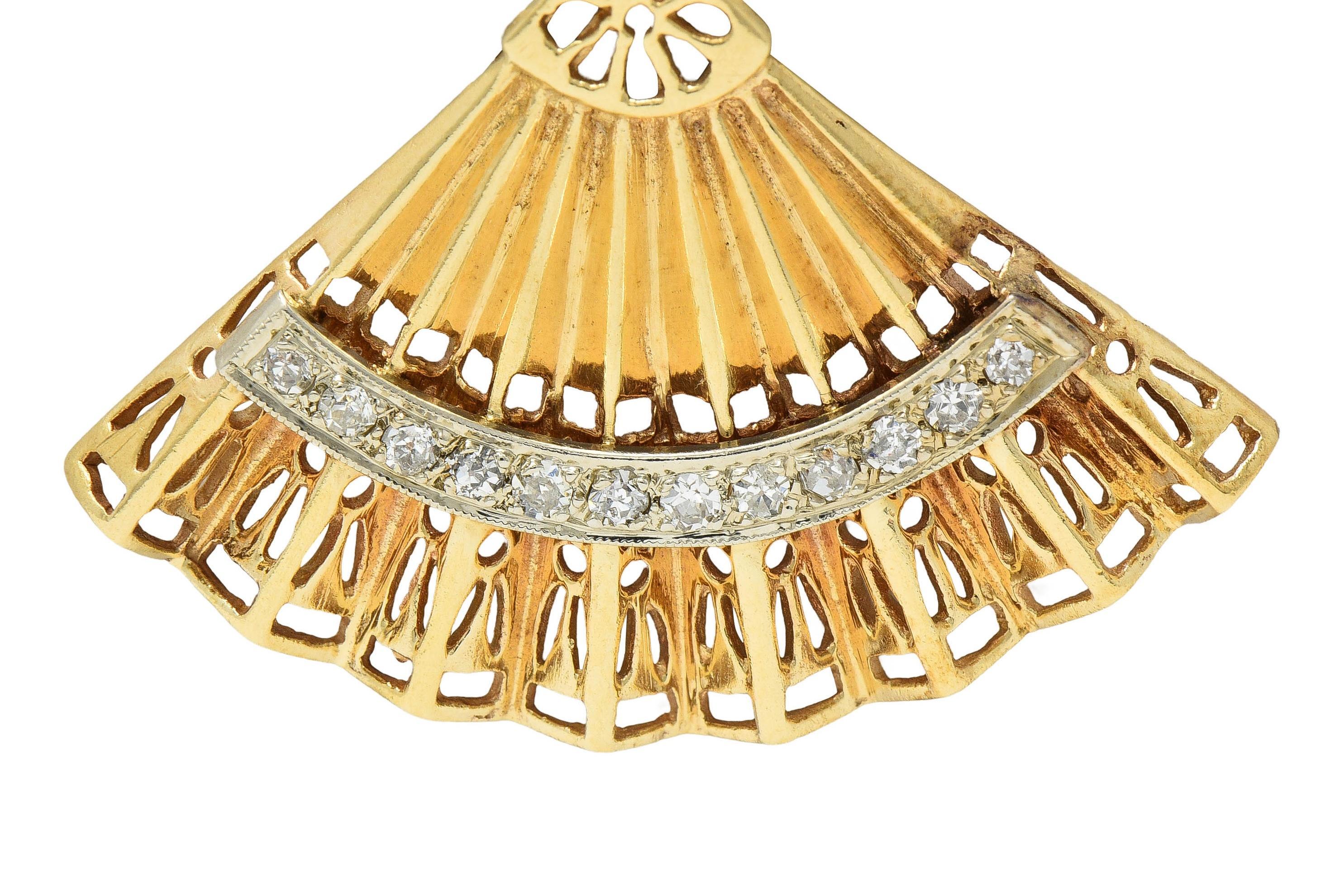 Mid-Century Diamond 14 Karat Two-Tone Gold Vintage Hand Fan Pendant 2