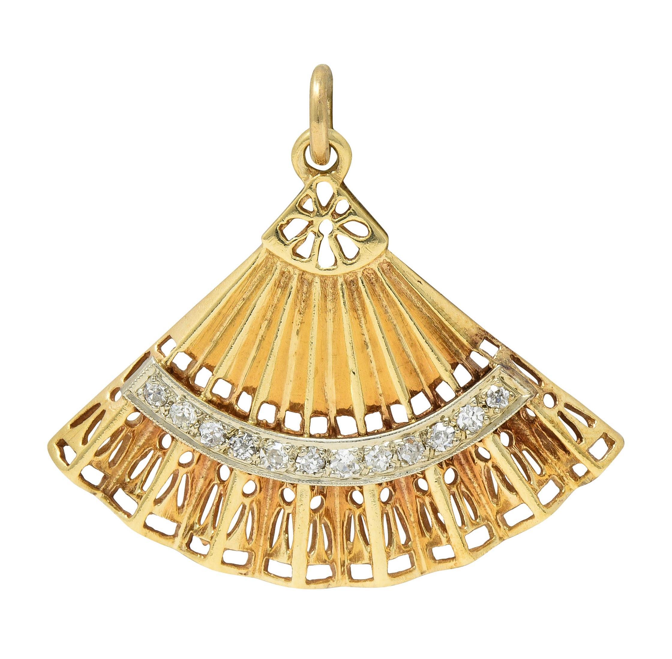 Mid-Century Diamond 14 Karat Two-Tone Gold Vintage Hand Fan Pendant 3