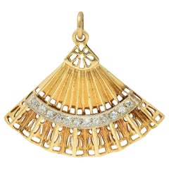 Mid-Century Diamond 14 Karat Two-Tone Gold Vintage Hand Fan Pendant