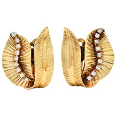 Mid-Century Diamond 14 Karat Two-Tone Yellow Gold Vintage Leaf Earrings