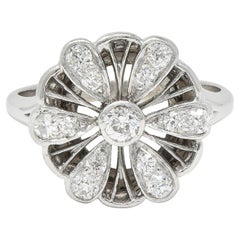 Mid-Century Diamond 14 Karat White Gold Fanning Floral Vintage Dinner Ring