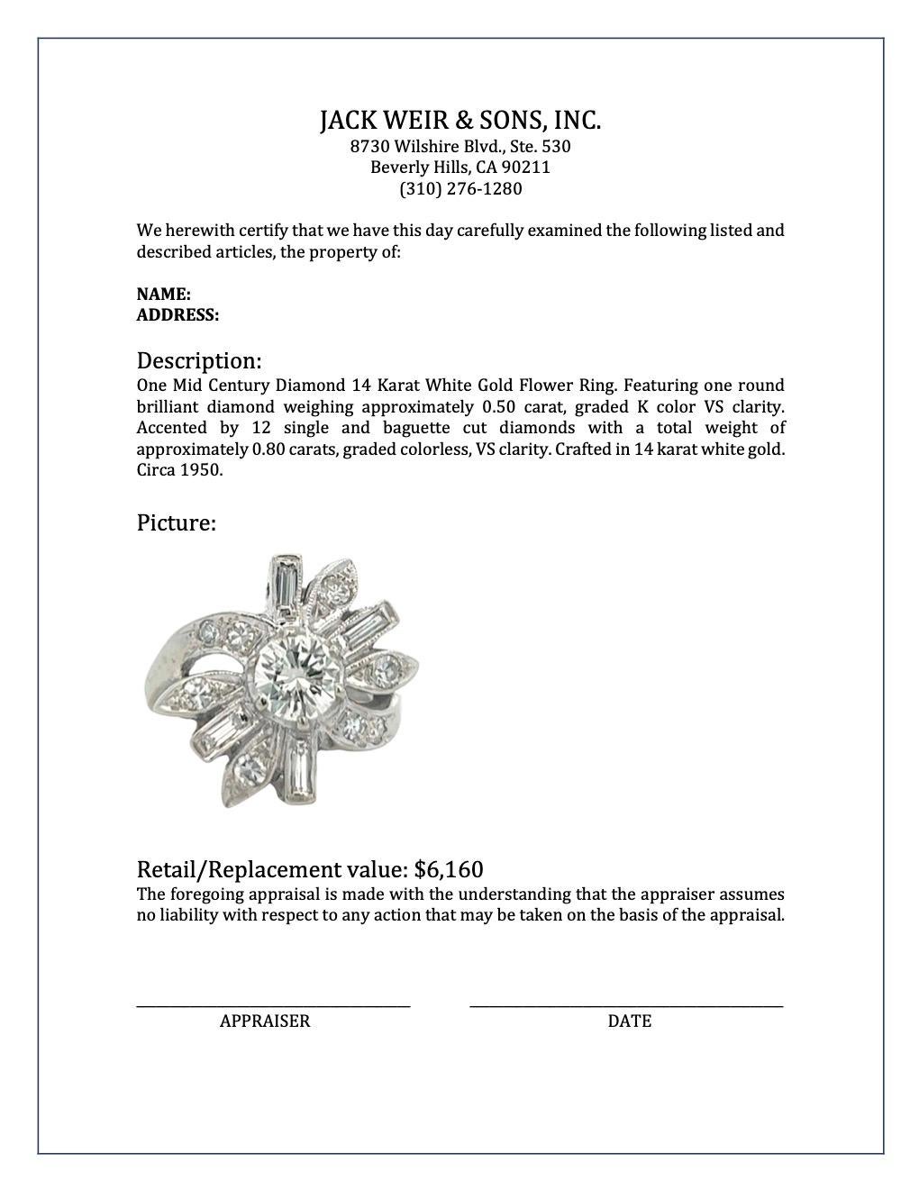 Diamantring aus der Jahrhundertmitte 14 Karat Weißgold Blumenring im Angebot 2