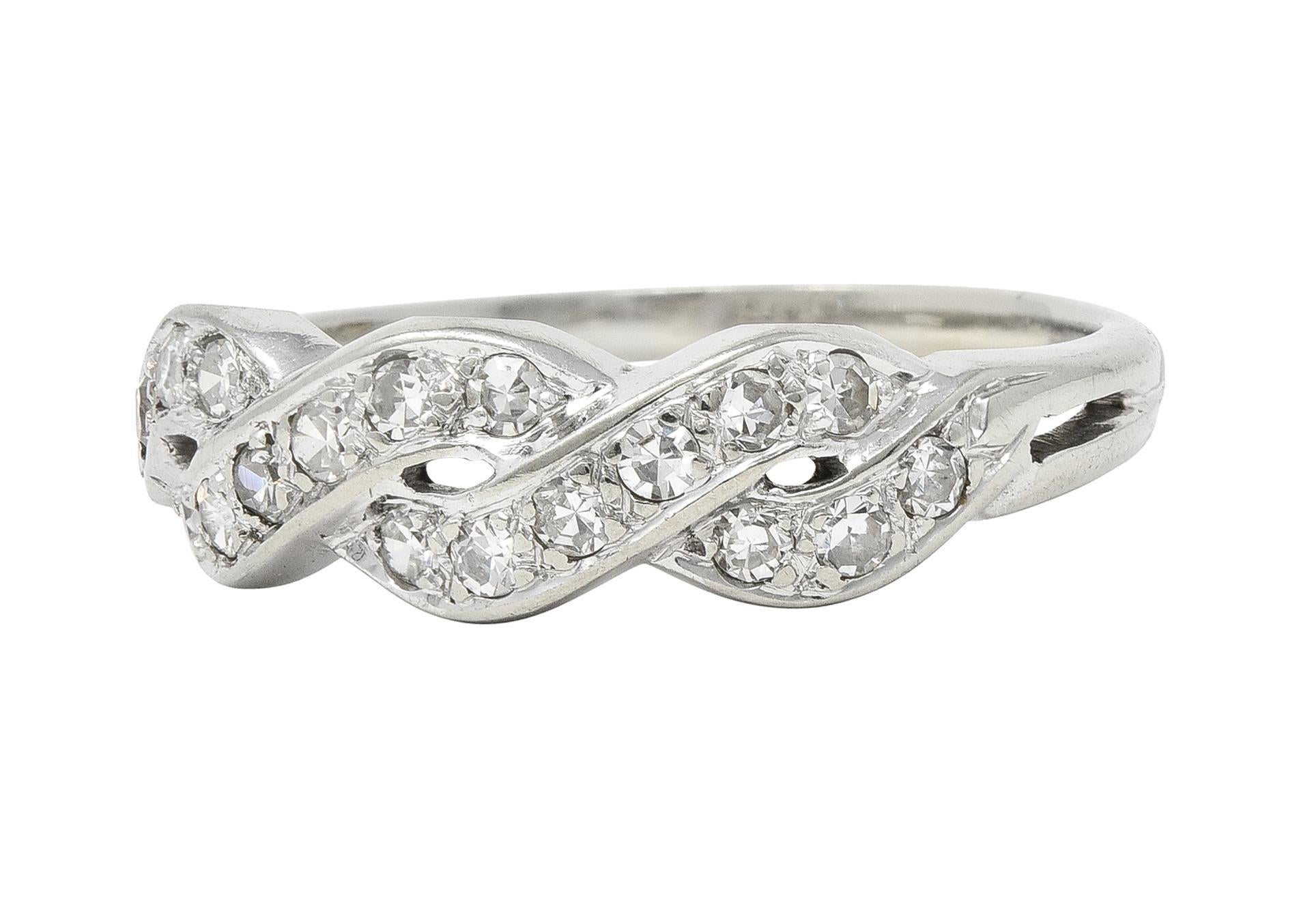 Mid-Century Diamond 14 Karat White Gold Vintage Twist Wedding Band Ring 1