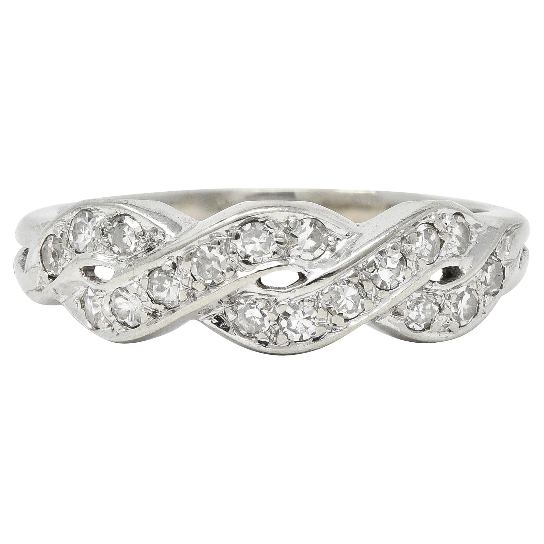Mid-Century Diamond 14 Karat White Gold Vintage Twist Wedding Band Ring