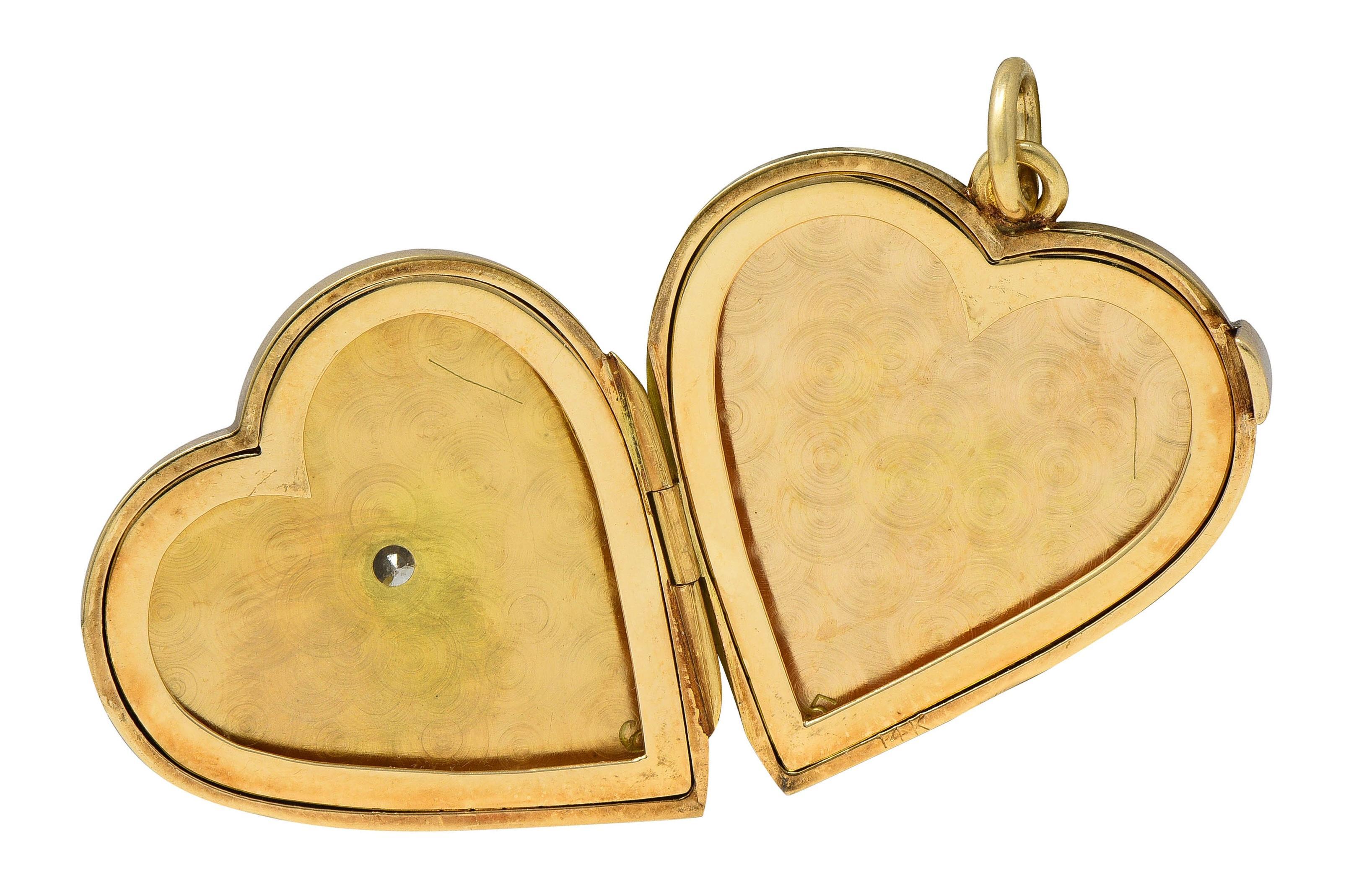 Mid-Century Diamond 14 Karat Yellow Gold Vintage Heart Locket Pendant For Sale 2