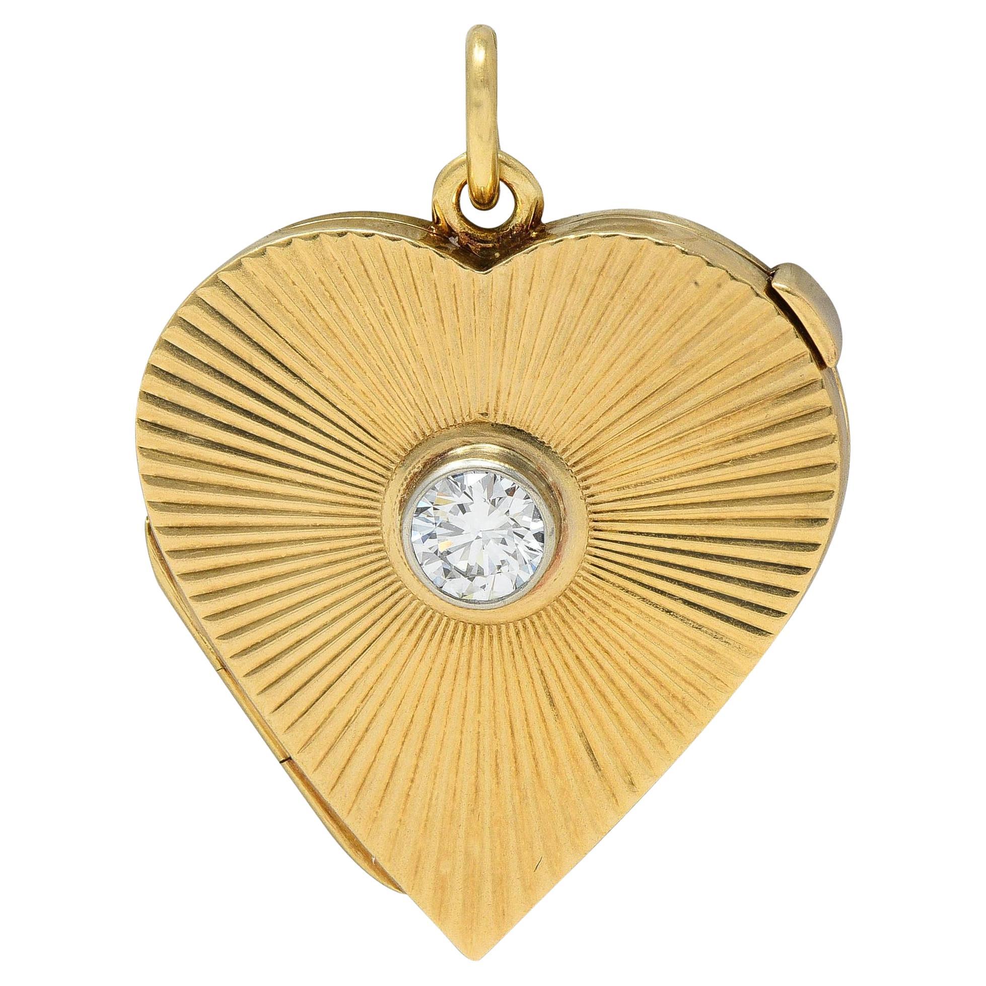 Mid-Century Diamond 14 Karat Yellow Gold Vintage Heart Locket Pendant For Sale