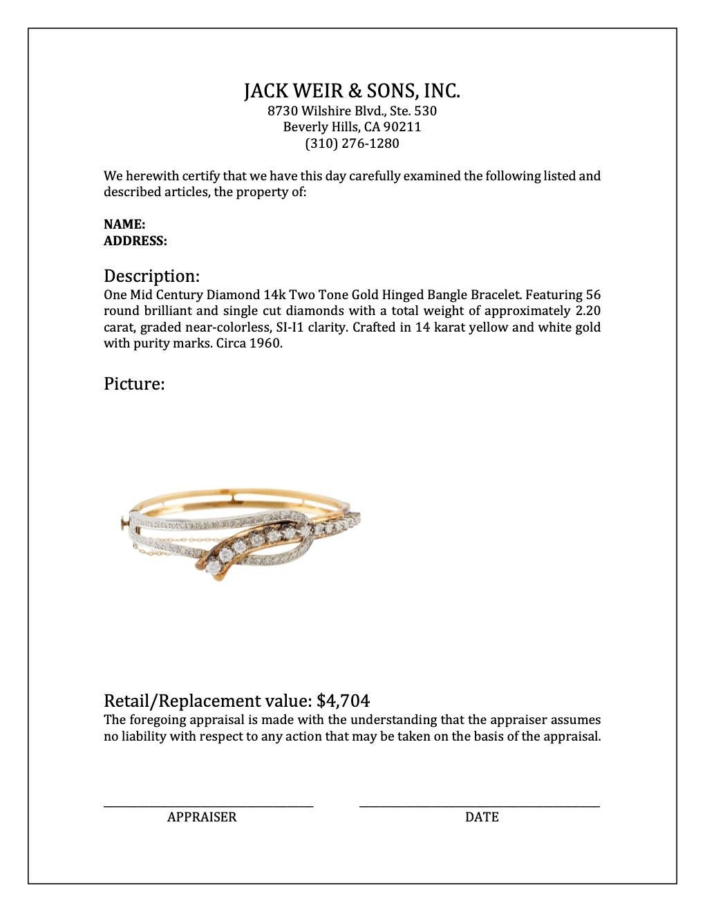 Mid Century Diamond 14k Two Tine Gold Hinged Bangle Bracelet 1