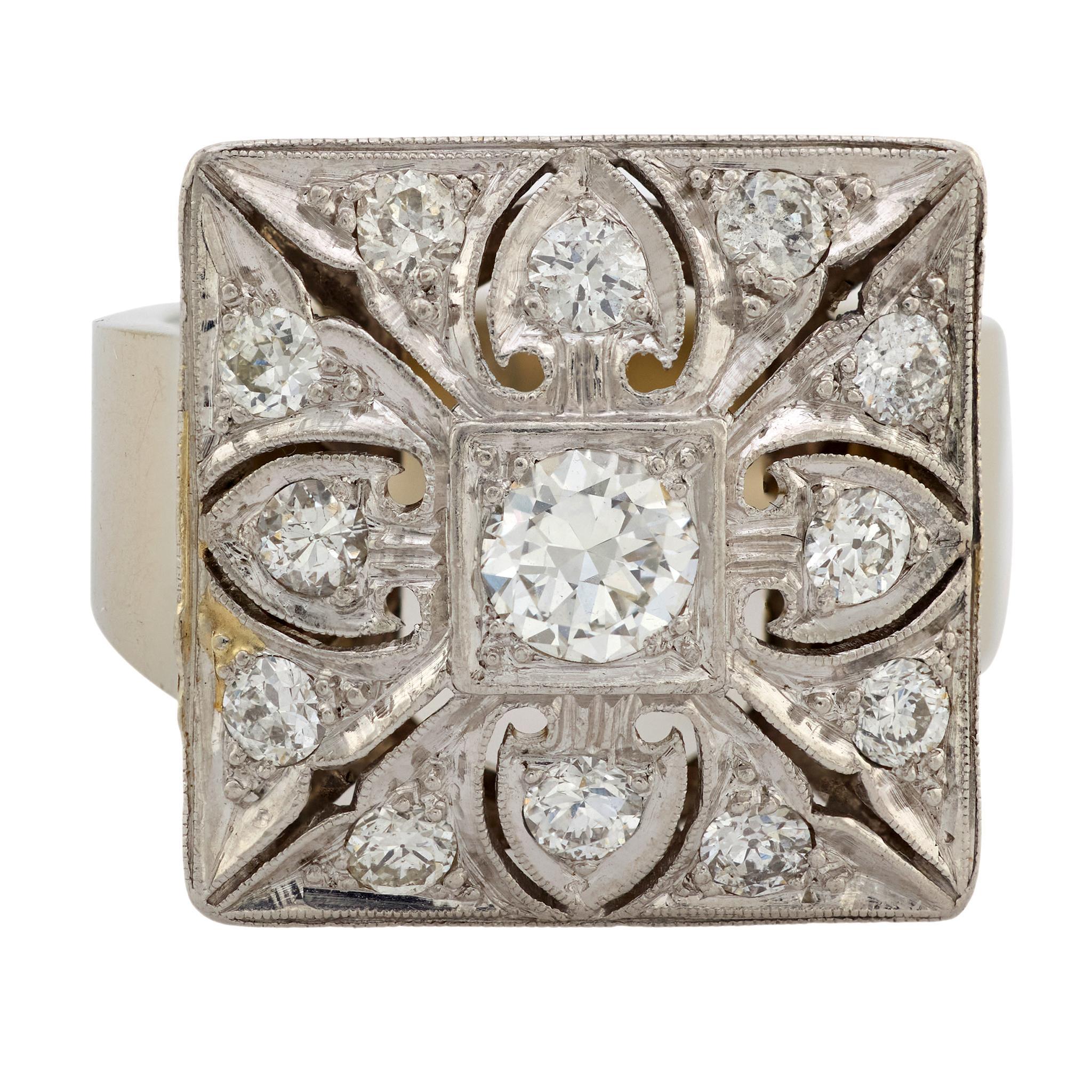 Contemporaneo Anello cocktail quadrato in oro bianco 14k e platino con diamante del Mid Century in vendita