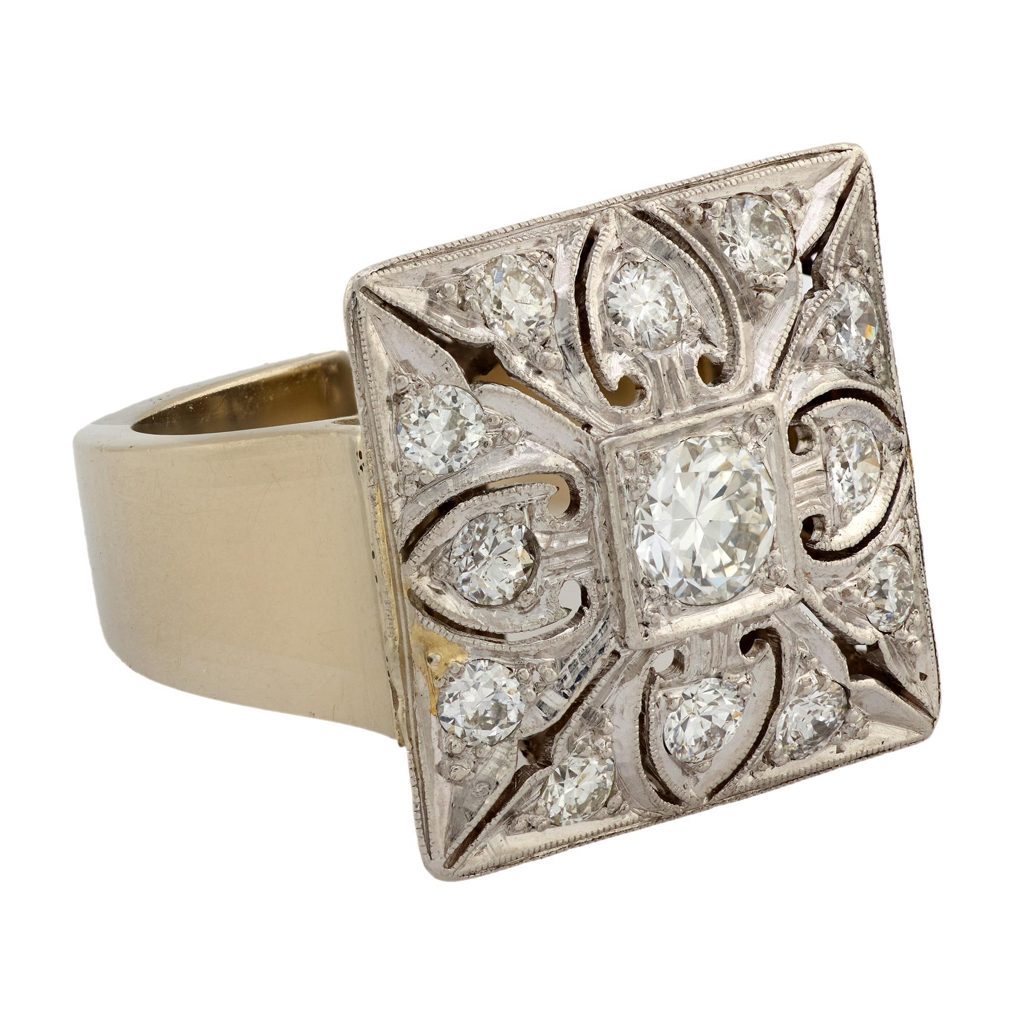Anello cocktail quadrato in oro bianco 14k e platino con diamante del Mid Century In condizioni buone in vendita a Beverly Hills, CA