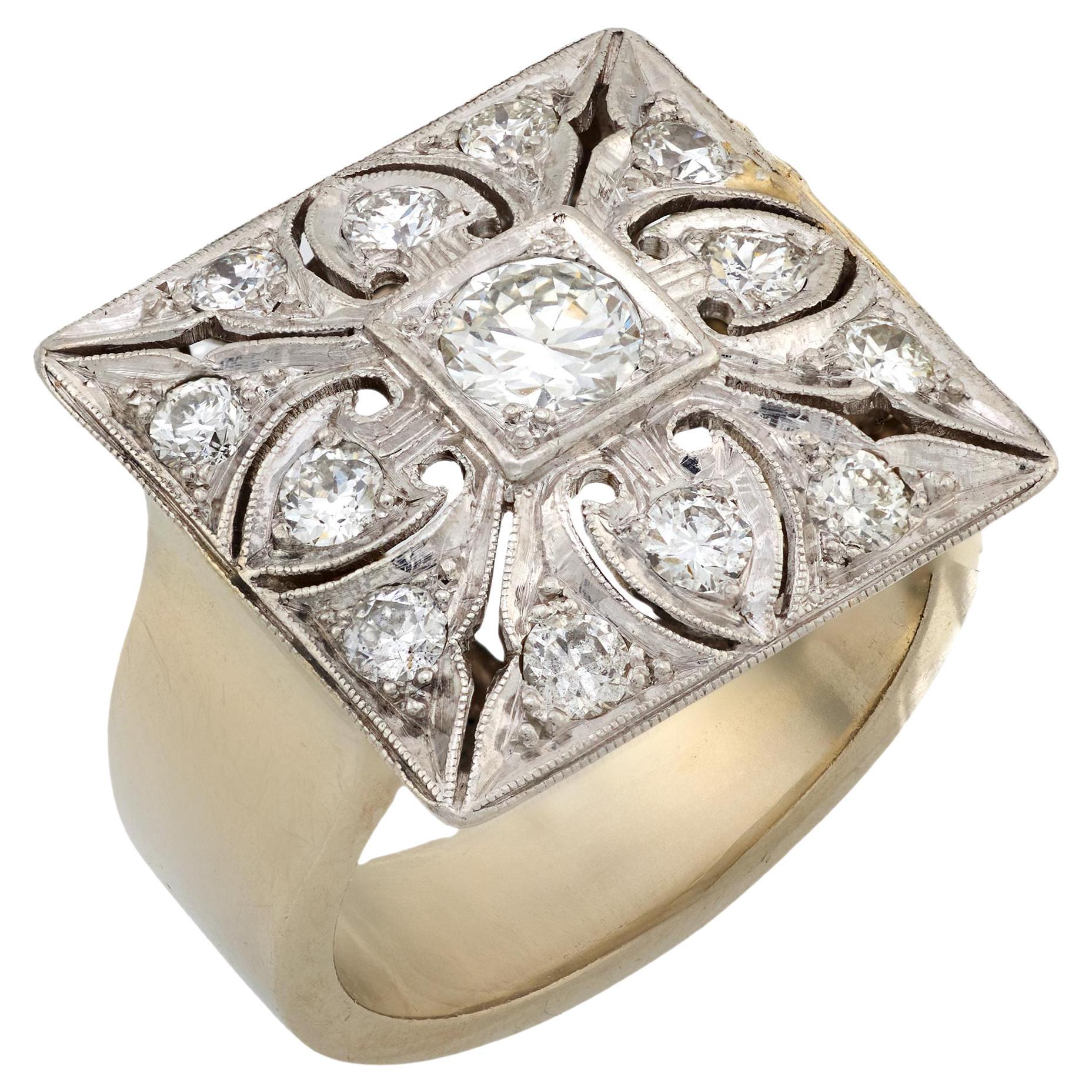 Anello cocktail quadrato in oro bianco 14k e platino con diamante del Mid Century in vendita