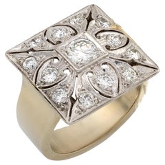 Anillo de cóctel cuadrado de oro blanco de 14k y platino con diamantes de mediados de siglo