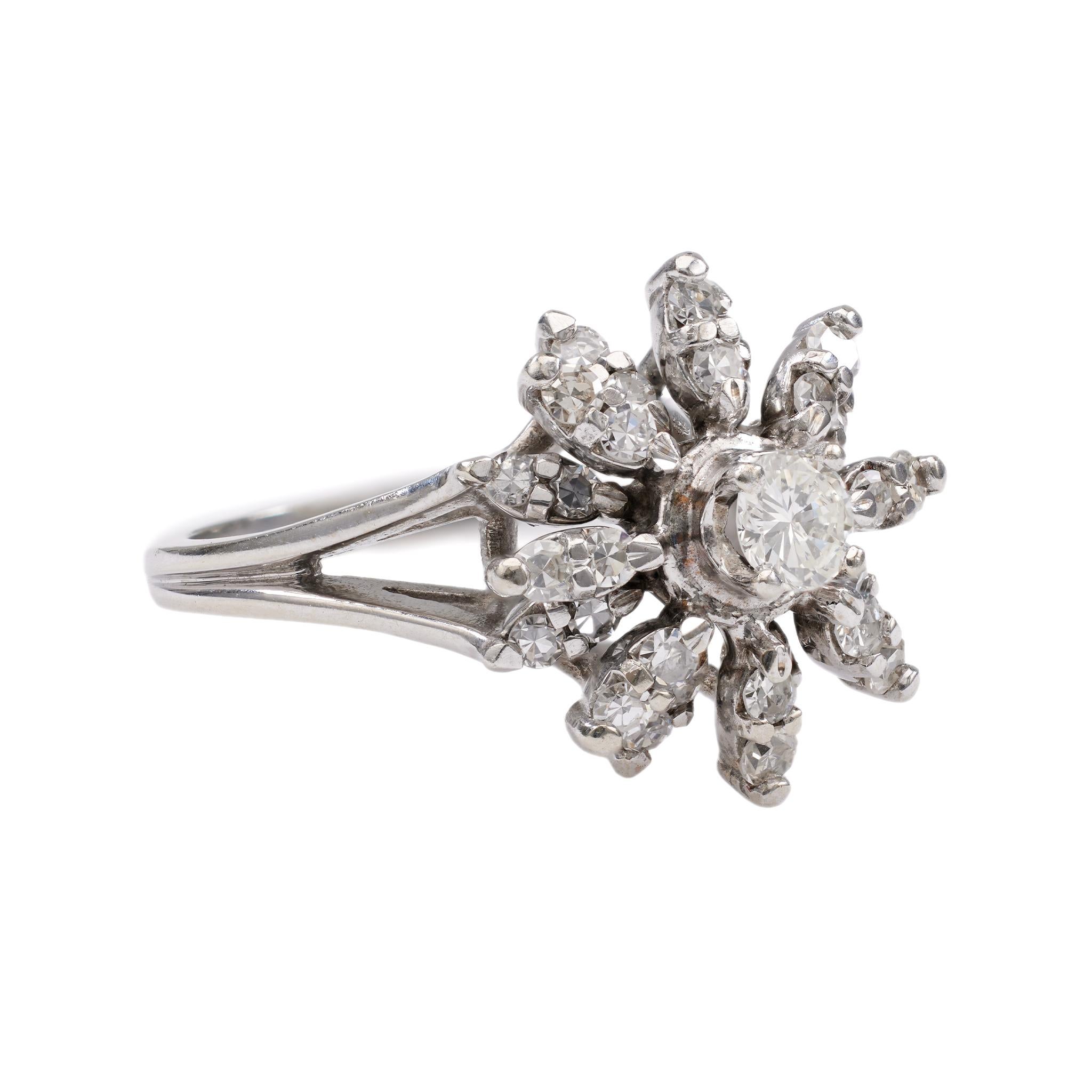 Women's or Men's Mid-Century Diamond 14k White Gold Cluster Ring For Sale