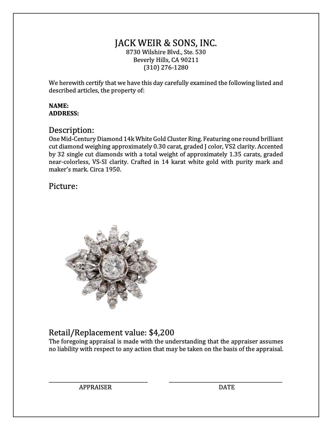 Mid-Century Diamond 14k White Gold Cluster Ring For Sale 1